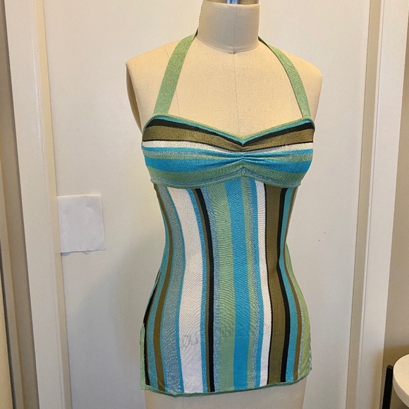 Bebe Sparkle Striped Halter Top Green Blue XS - Picture 1 of 10